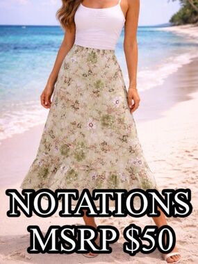 ☀️Notations Floral A-Line Skirt in Green and Cream Midi Skirt Elegant Coastal